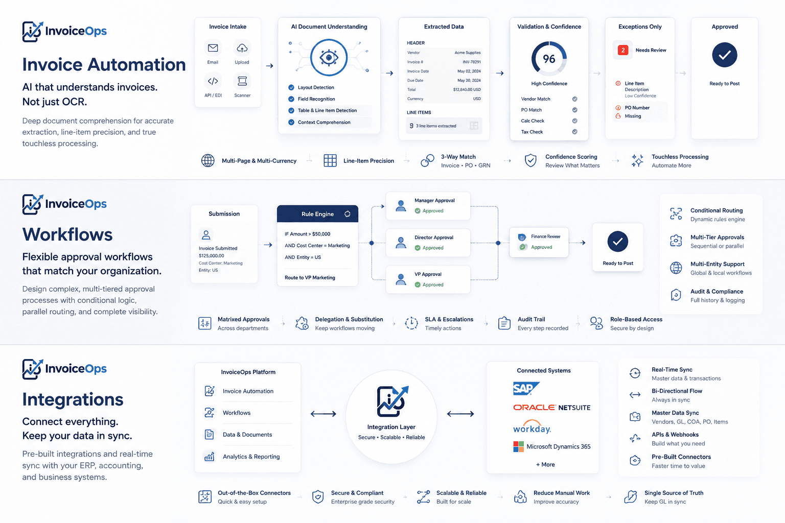 Illustrative InvoiceOps platform architecture spanning invoice automation, workflows, and integrations.