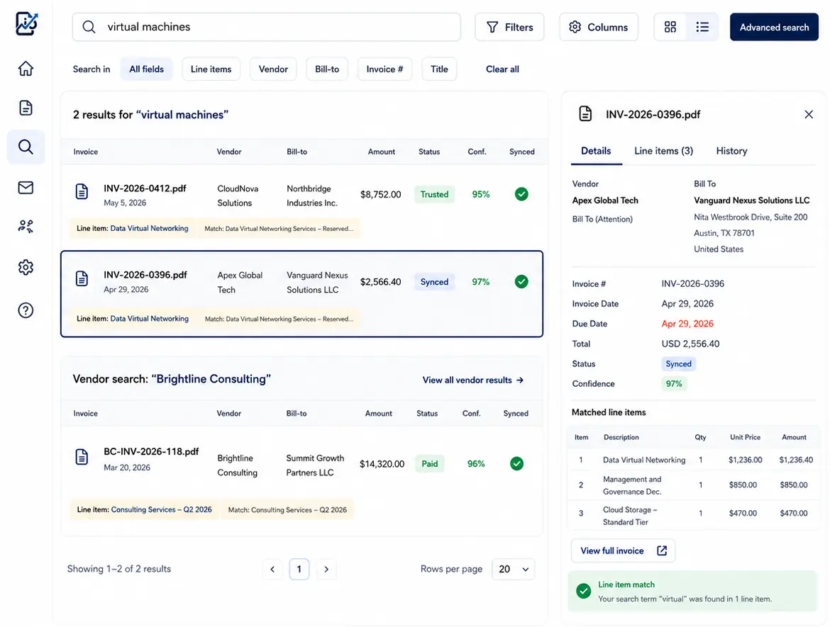 InvoiceOps advanced search finding vendors and matching line items across invoices with contextual details.