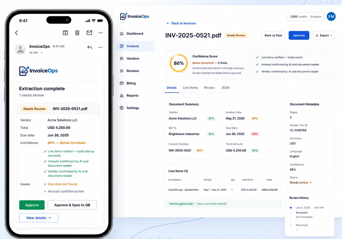 Mobile invoice approval notification beside the connected InvoiceOps review dashboard.