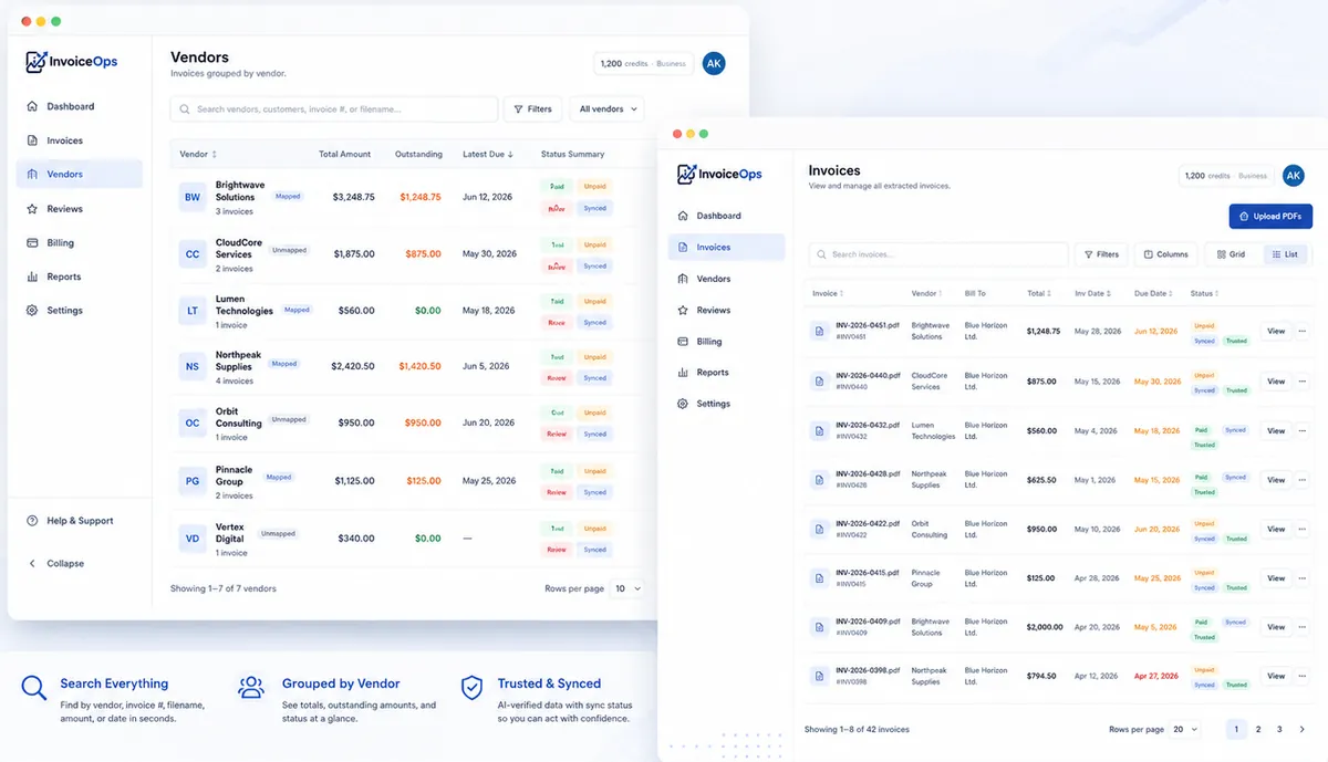 InvoiceOps vendor and invoice views showing totals, outstanding balances, due dates, and payment status.